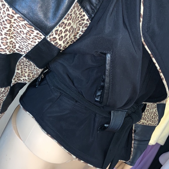 Vtg 80s rare unique leopard checked leather new wave  batwing wrap jacket L - Picture 13 of 15